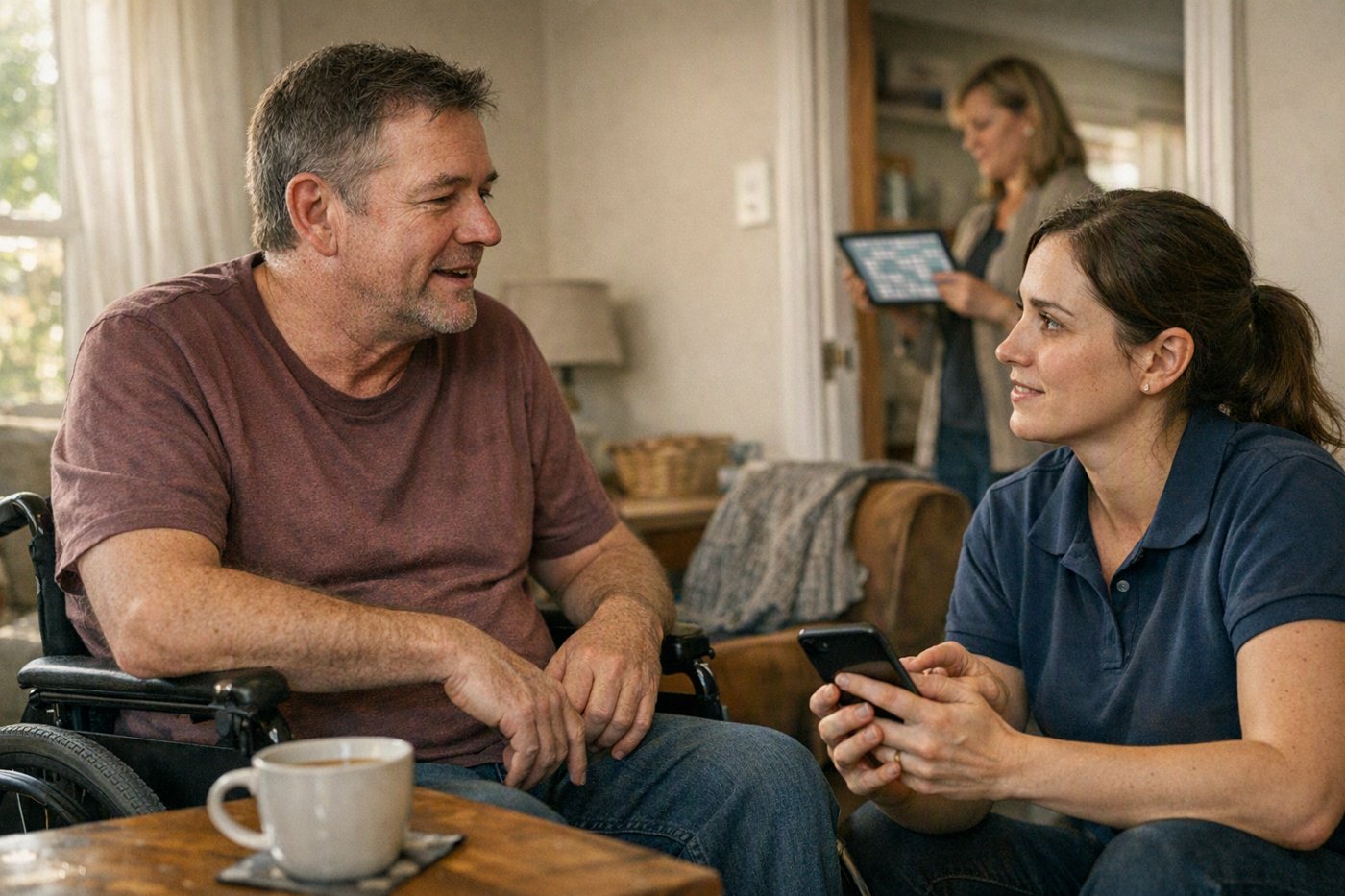NDIS support worker with a participant in a Supported Independent Living home